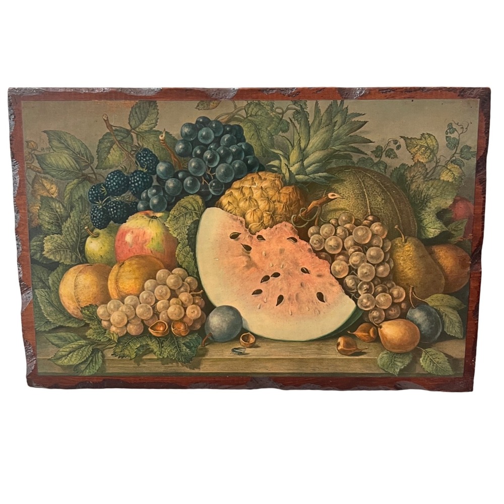 Vintage Wood Block Fruit Still Life Wall Plaque Rustic Decoupage Kitchen Decor